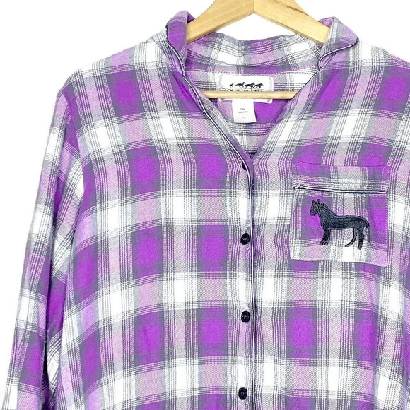 Back in the Saddle Embroidered Horse Purple Plaid Western Button Down Shirt Med - Picture 3 of 11